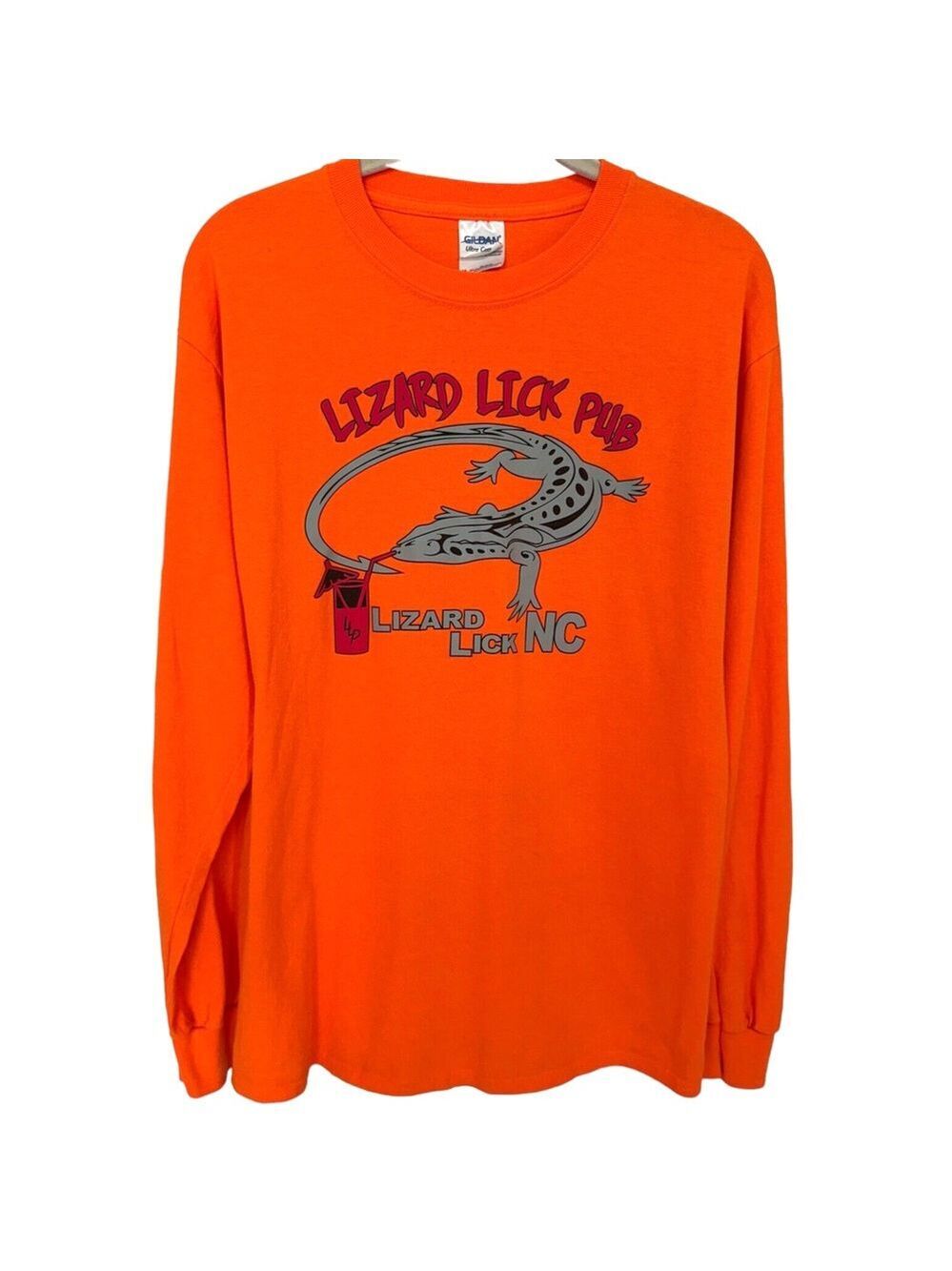 Lizard Lick Pub NC Tee Shirt Sz M Double Sided Graphic Orange Multi Long Sleeve